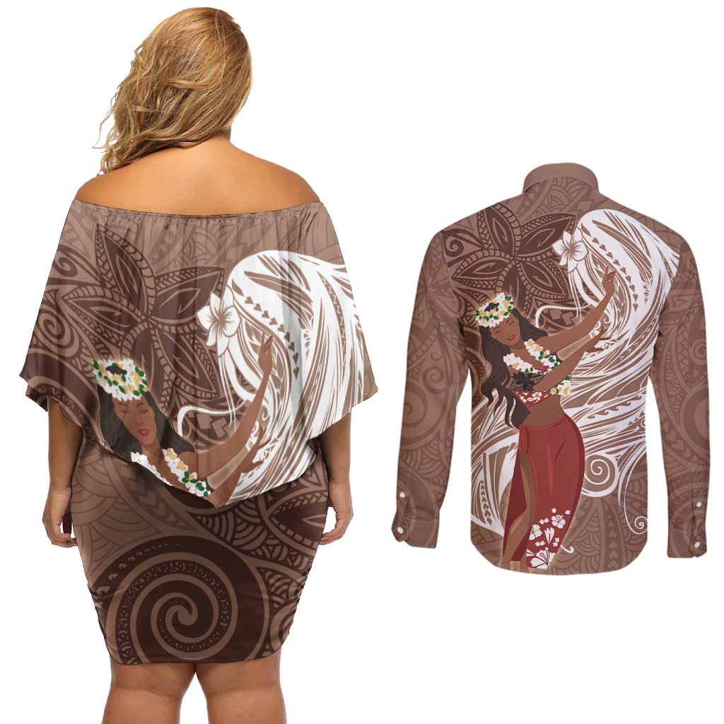 Tahiti Islands Polynesian Plumeria Couples Matching Off Shoulder Short Dress and Long Sleeve Button Shirt Tahitian Vahine 'Ote'a - Beige LT7 - Polynesian Pride