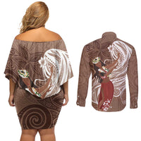 Tahiti Islands Polynesian Plumeria Couples Matching Off Shoulder Short Dress and Long Sleeve Button Shirt Tahitian Vahine 'Ote'a - Beige LT7 - Polynesian Pride