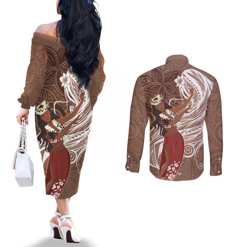 Tahiti Islands Polynesian Plumeria Couples Matching Off The Shoulder Long Sleeve Dress and Long Sleeve Button Shirt Tahitian Vahine 'Ote'a - Beige LT7 - Polynesian Pride