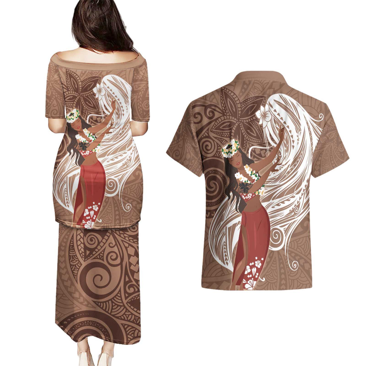Tahiti Islands Polynesian Plumeria Couples Matching Puletasi and Hawaiian Shirt Tahitian Vahine 'Ote'a - Beige LT7 - Polynesian Pride