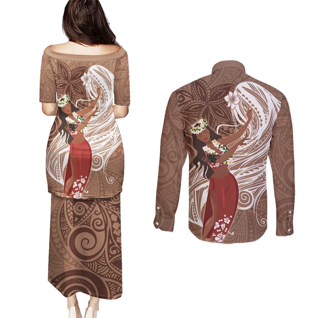 Tahiti Islands Polynesian Plumeria Couples Matching Puletasi and Long Sleeve Button Shirt Tahitian Vahine 'Ote'a - Beige LT7 - Polynesian Pride