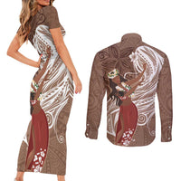 Tahiti Islands Polynesian Plumeria Couples Matching Short Sleeve Bodycon Dress and Long Sleeve Button Shirt Tahitian Vahine 'Ote'a - Beige LT7 - Polynesian Pride