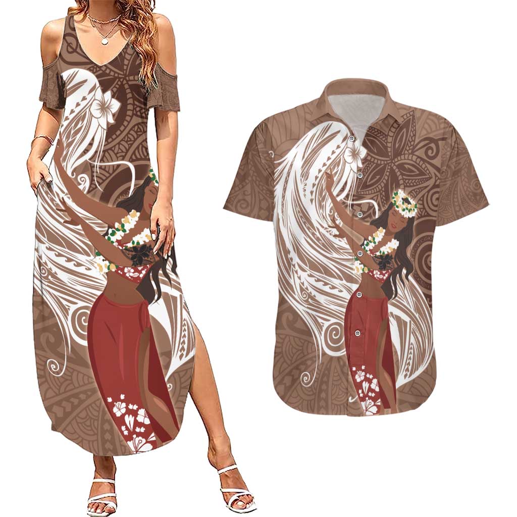 Tahiti Islands Polynesian Plumeria Couples Matching Summer Maxi Dress and Hawaiian Shirt Tahitian Vahine 'Ote'a - Beige LT7 Beige - Polynesian Pride