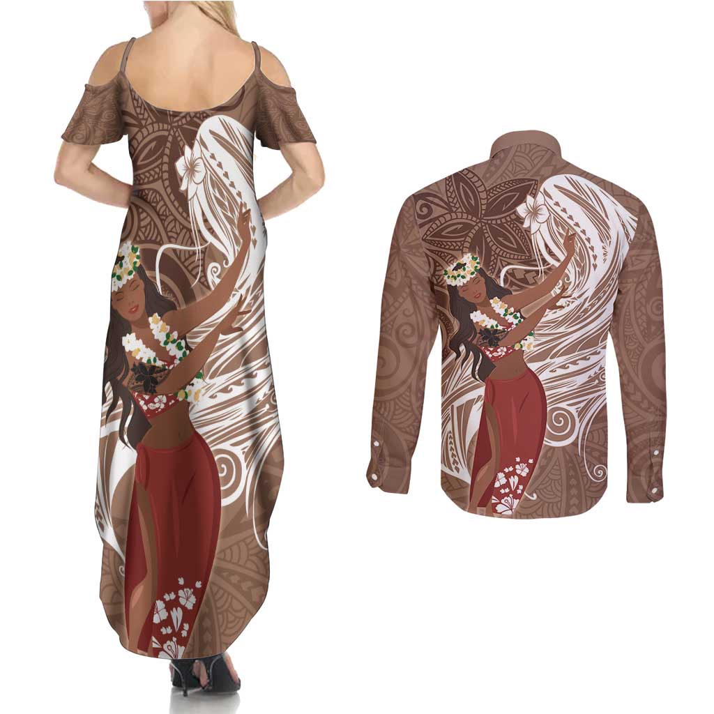 Tahiti Islands Polynesian Plumeria Couples Matching Summer Maxi Dress and Long Sleeve Button Shirt Tahitian Vahine 'Ote'a - Beige LT7 - Polynesian Pride