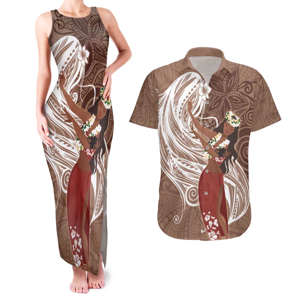 Tahiti Islands Polynesian Plumeria Couples Matching Tank Maxi Dress and Hawaiian Shirt Tahitian Vahine 'Ote'a - Beige LT7 Beige - Polynesian Pride