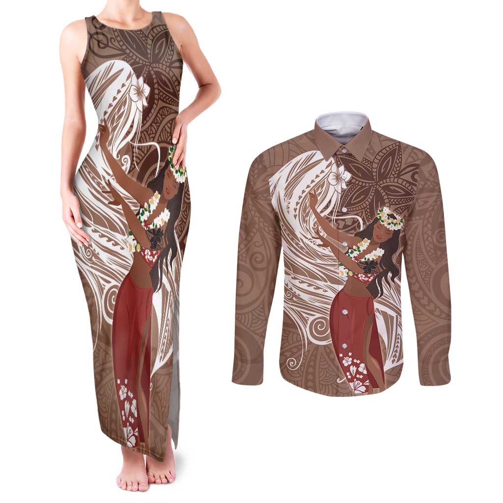 Tahiti Islands Polynesian Plumeria Couples Matching Tank Maxi Dress and Long Sleeve Button Shirt Tahitian Vahine 'Ote'a - Beige LT7 Beige - Polynesian Pride