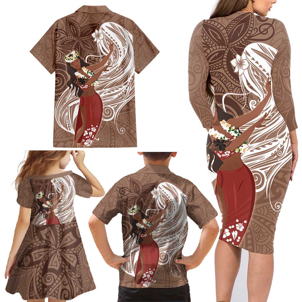 Tahiti Islands Polynesian Plumeria Family Matching Long Sleeve Bodycon Dress and Hawaiian Shirt Tahitian Vahine 'Ote'a - Beige LT7 - Polynesian Pride