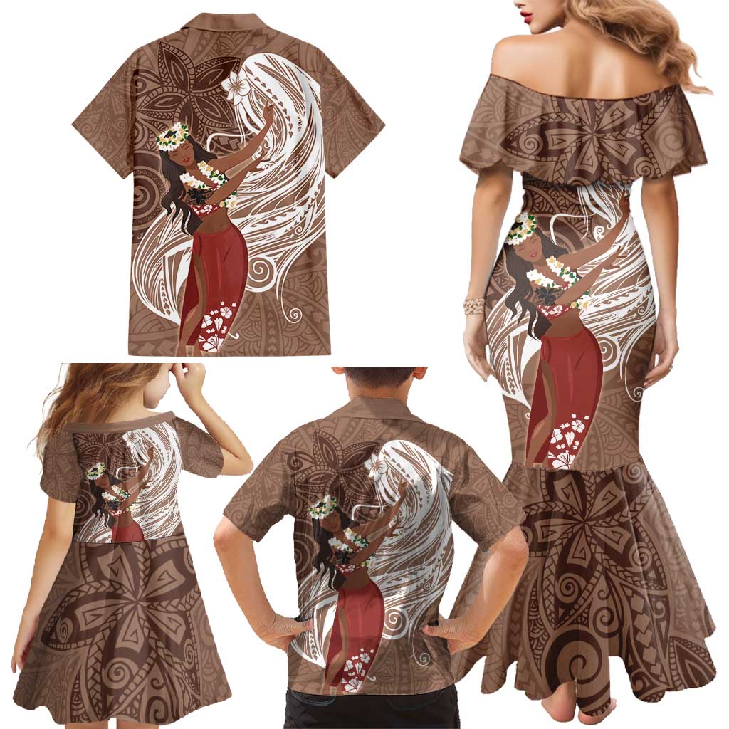 Tahiti Islands Polynesian Plumeria Family Matching Mermaid Dress and Hawaiian Shirt Tahitian Vahine 'Ote'a - Beige LT7 - Polynesian Pride