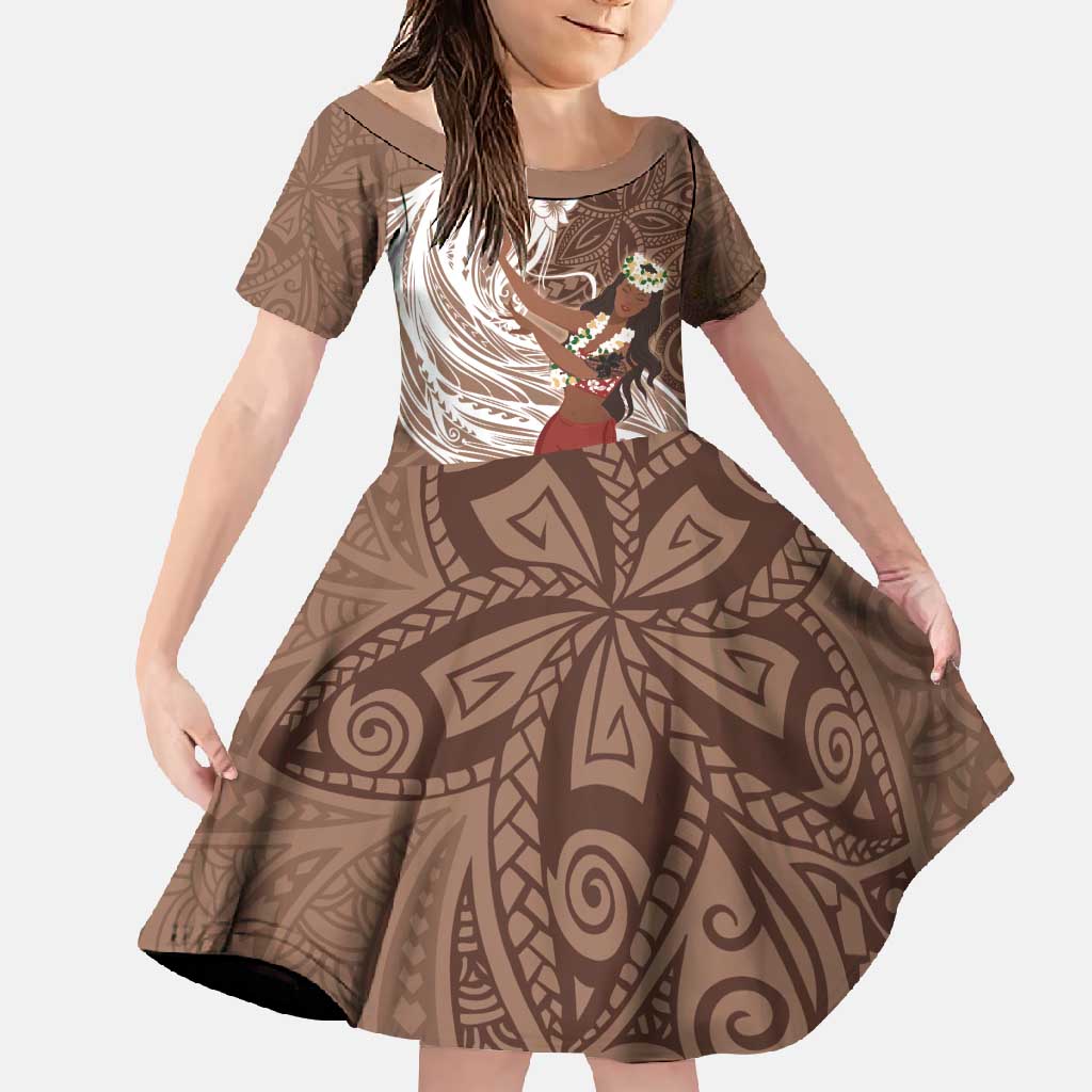 Tahiti Islands Polynesian Plumeria Family Matching Off Shoulder Maxi Dress and Hawaiian Shirt Tahitian Vahine 'Ote'a - Beige LT7 Daughter's Dress Beige - Polynesian Pride
