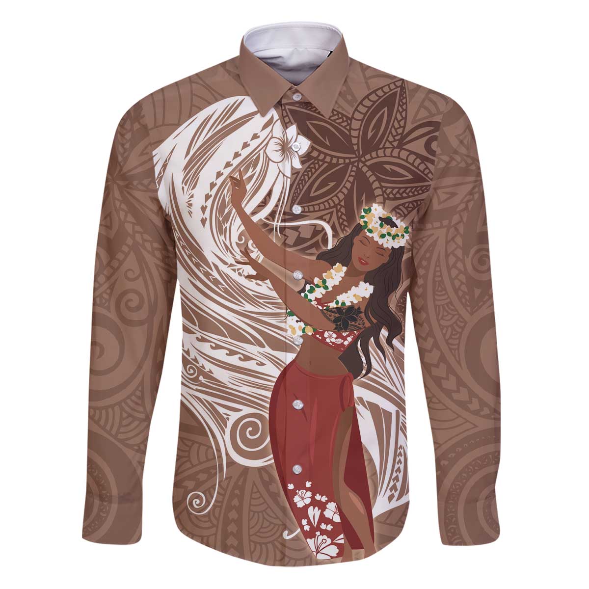 Tahiti Islands Polynesian Plumeria Family Matching Puletasi and Hawaiian Shirt Tahitian Vahine 'Ote'a - Beige LT7 Dad's Shirt - Long Sleeve Beige - Polynesian Pride