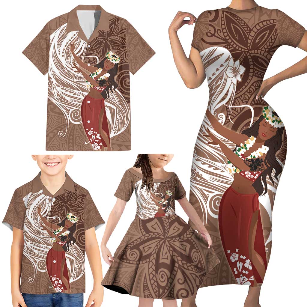 Tahiti Islands Polynesian Plumeria Family Matching Short Sleeve Bodycon Dress and Hawaiian Shirt Tahitian Vahine 'Ote'a - Beige LT7 - Polynesian Pride