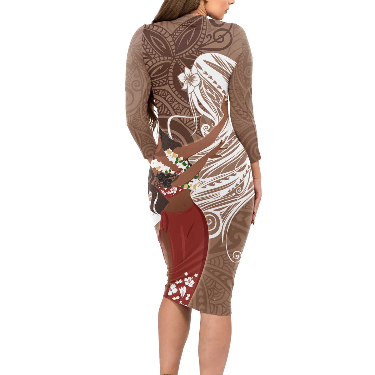 Tahiti Islands Polynesian Plumeria Long Sleeve Bodycon Dress Tahitian Vahine 'Ote'a - Beige LT7 - Polynesian Pride