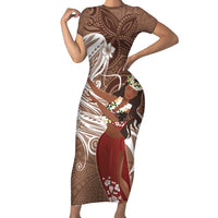 Tahiti Islands Polynesian Plumeria Short Sleeve Bodycon Dress Tahitian Vahine 'Ote'a - Beige LT7 Long Dress Beige - Polynesian Pride