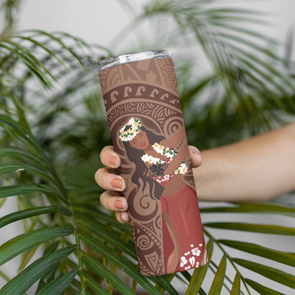 Tahiti Islands Polynesian Plumeria Skinny Tumbler Tahitian Vahine 'Ote'a - Beige