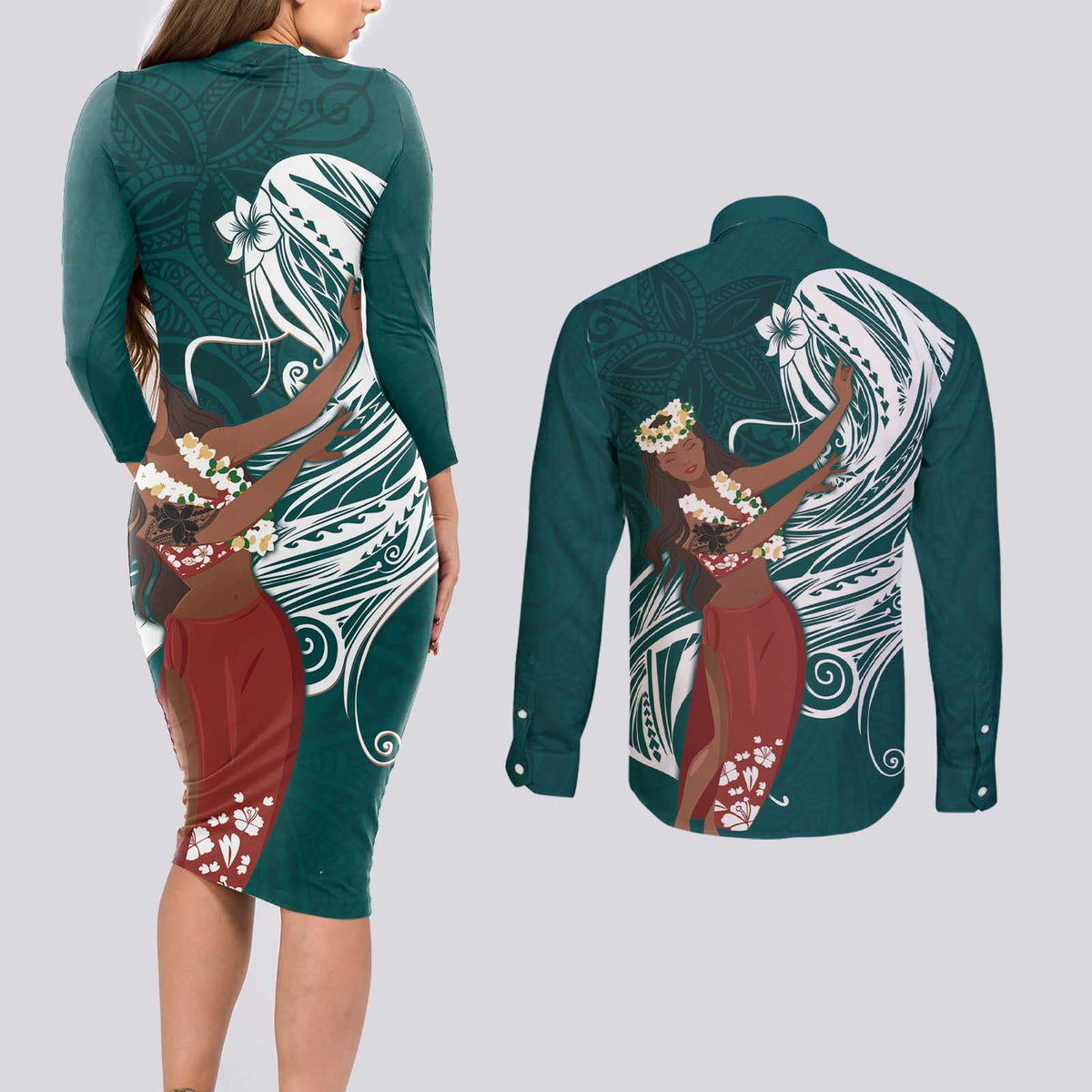 Tahiti Islands Polynesian Plumeria Couples Matching Long Sleeve Bodycon Dress and Long Sleeve Button Shirt Tahitian Vahine 'Ote'a - Teal LT7 - Polynesian Pride