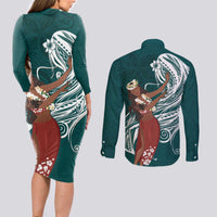 Tahiti Islands Polynesian Plumeria Couples Matching Long Sleeve Bodycon Dress and Long Sleeve Button Shirt Tahitian Vahine 'Ote'a - Teal LT7 - Polynesian Pride