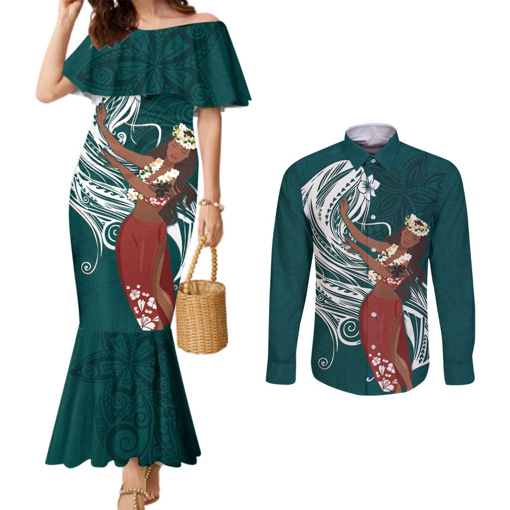 Tahiti Islands Polynesian Plumeria Couples Matching Mermaid Dress and Long Sleeve Button Shirt Tahitian Vahine 'Ote'a - Teal LT7 Teal - Polynesian Pride