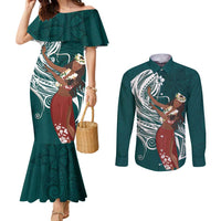 Tahiti Islands Polynesian Plumeria Couples Matching Mermaid Dress and Long Sleeve Button Shirt Tahitian Vahine 'Ote'a - Teal LT7 Teal - Polynesian Pride