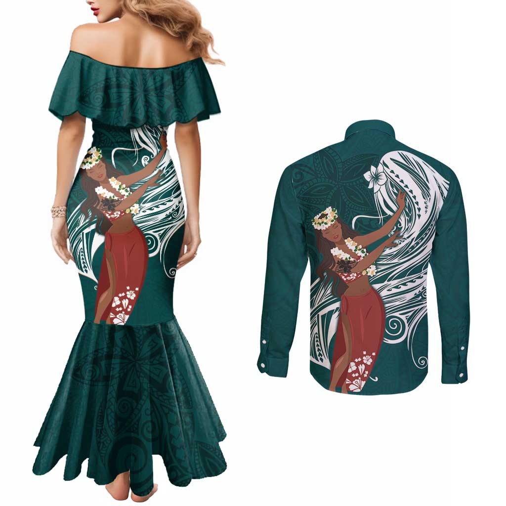 Tahiti Islands Polynesian Plumeria Couples Matching Mermaid Dress and Long Sleeve Button Shirt Tahitian Vahine 'Ote'a - Teal LT7 - Polynesian Pride