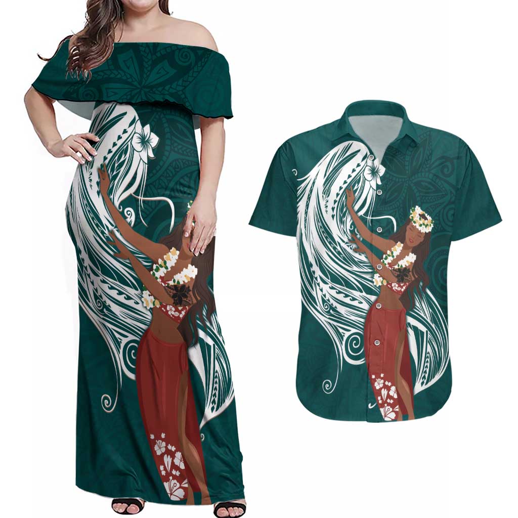 Tahiti Islands Polynesian Plumeria Couples Matching Off Shoulder Maxi Dress and Hawaiian Shirt Tahitian Vahine 'Ote'a - Teal LT7 Teal - Polynesian Pride