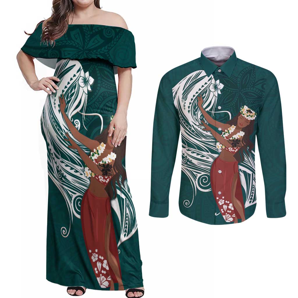 Tahiti Islands Polynesian Plumeria Couples Matching Off Shoulder Maxi Dress and Long Sleeve Button Shirt Tahitian Vahine 'Ote'a - Teal LT7 Teal - Polynesian Pride