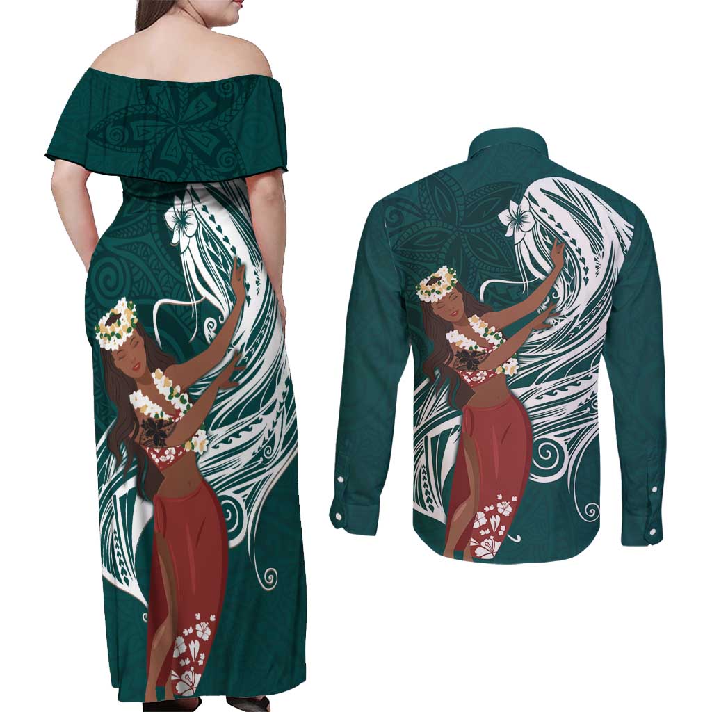 Tahiti Islands Polynesian Plumeria Couples Matching Off Shoulder Maxi Dress and Long Sleeve Button Shirt Tahitian Vahine 'Ote'a - Teal LT7 - Polynesian Pride