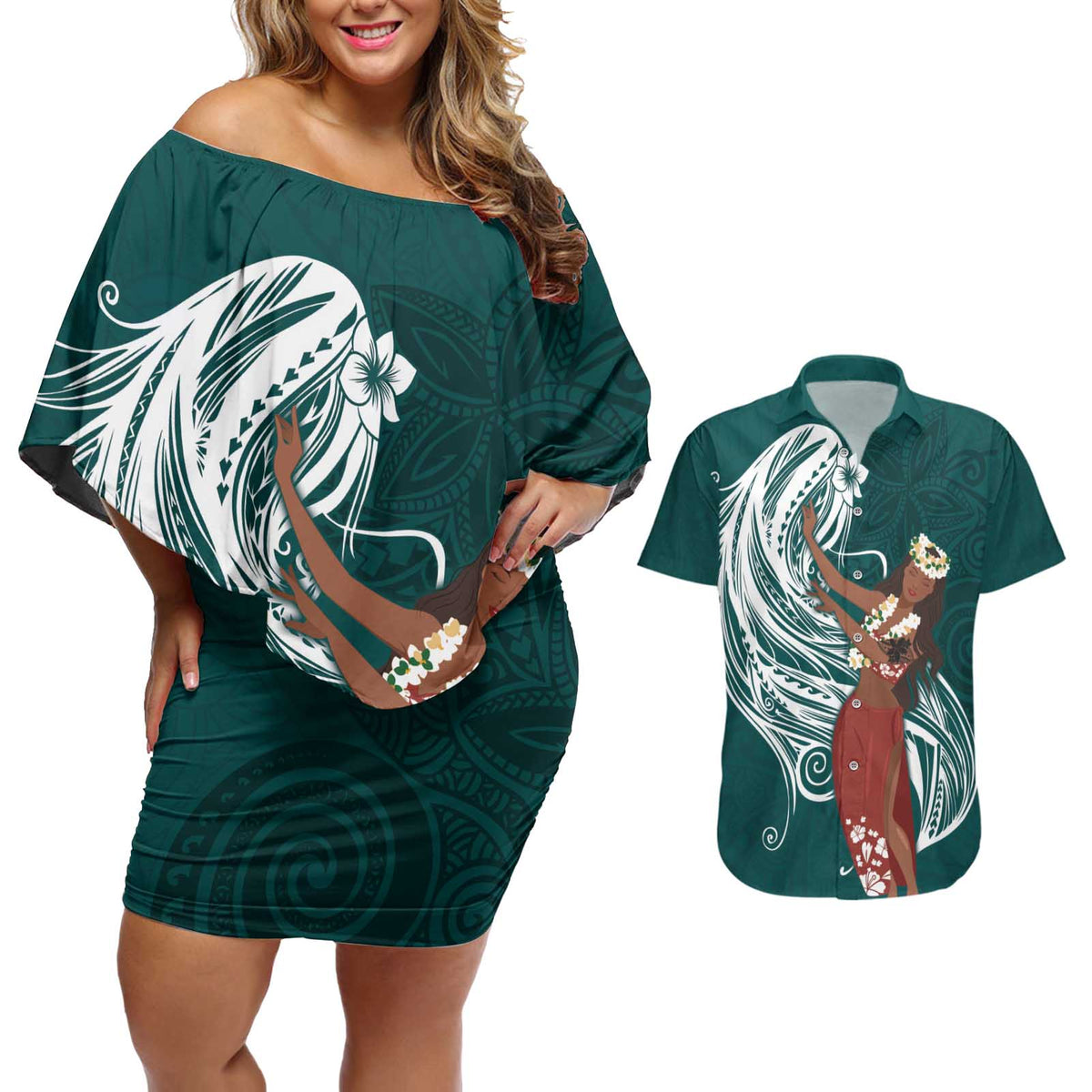 Tahiti Islands Polynesian Plumeria Couples Matching Off Shoulder Short Dress and Hawaiian Shirt Tahitian Vahine 'Ote'a - Teal LT7 Teal - Polynesian Pride