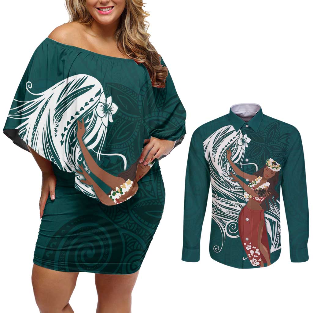 Tahiti Islands Polynesian Plumeria Couples Matching Off Shoulder Short Dress and Long Sleeve Button Shirt Tahitian Vahine 'Ote'a - Teal LT7 Teal - Polynesian Pride