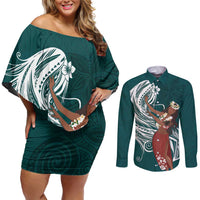 Tahiti Islands Polynesian Plumeria Couples Matching Off Shoulder Short Dress and Long Sleeve Button Shirt Tahitian Vahine 'Ote'a - Teal LT7 Teal - Polynesian Pride