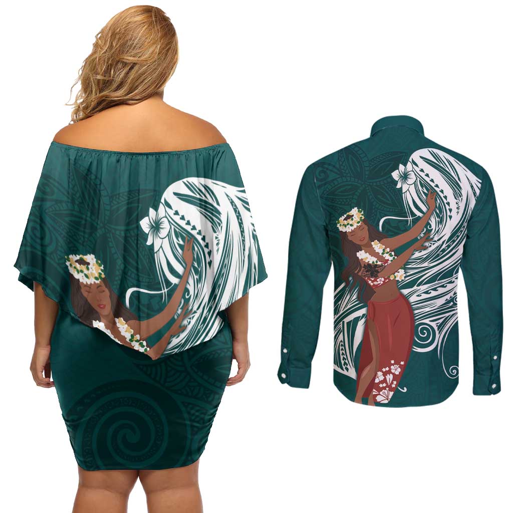 Tahiti Islands Polynesian Plumeria Couples Matching Off Shoulder Short Dress and Long Sleeve Button Shirt Tahitian Vahine 'Ote'a - Teal LT7 - Polynesian Pride