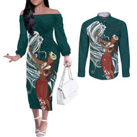 Tahiti Islands Polynesian Plumeria Couples Matching Off The Shoulder Long Sleeve Dress and Long Sleeve Button Shirt Tahitian Vahine 'Ote'a - Teal LT7 Teal - Polynesian Pride