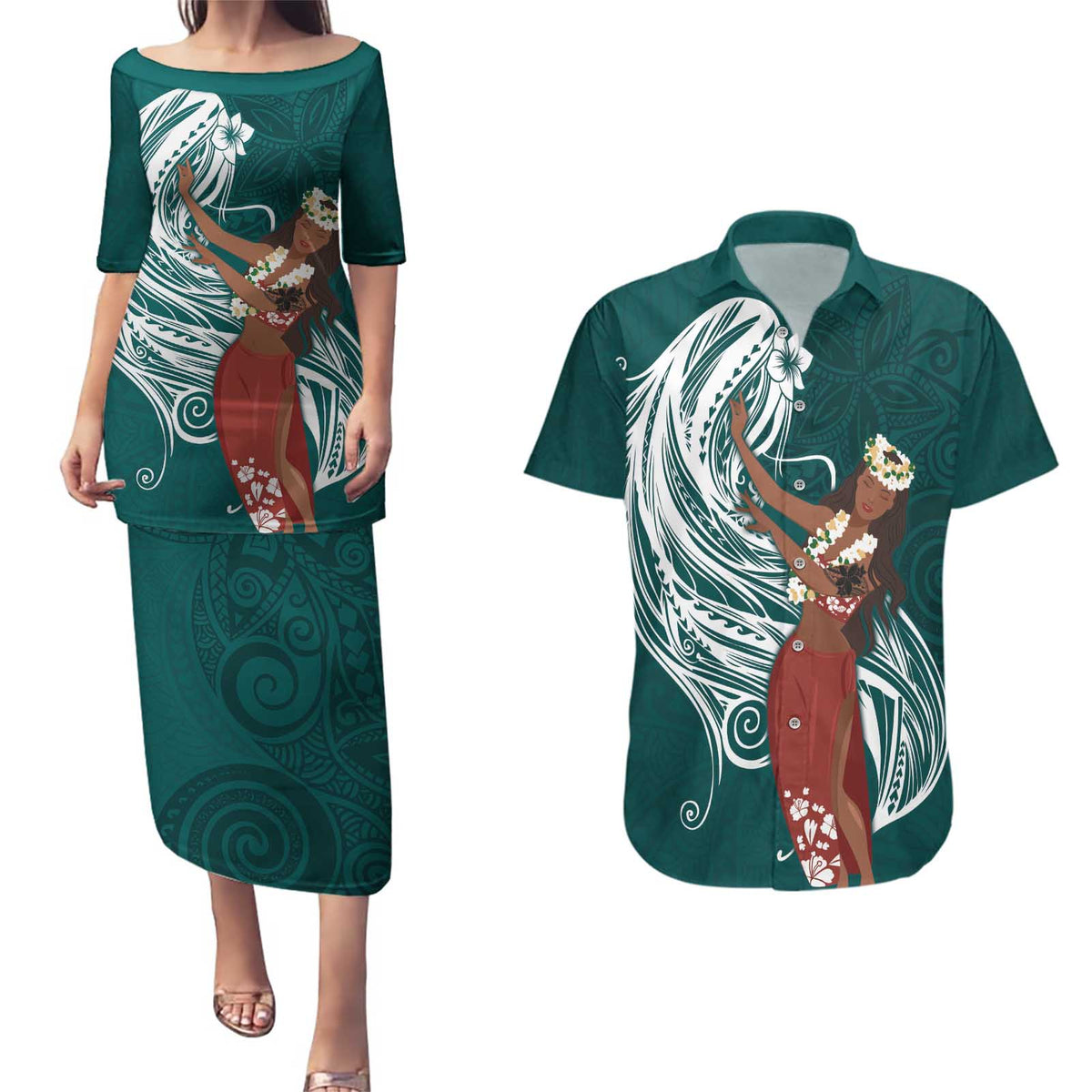 Tahiti Islands Polynesian Plumeria Couples Matching Puletasi and Hawaiian Shirt Tahitian Vahine 'Ote'a - Teal LT7 Teal - Polynesian Pride