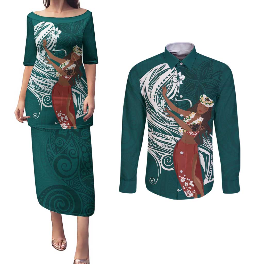 Tahiti Islands Polynesian Plumeria Couples Matching Puletasi and Long Sleeve Button Shirt Tahitian Vahine 'Ote'a - Teal LT7 Teal - Polynesian Pride