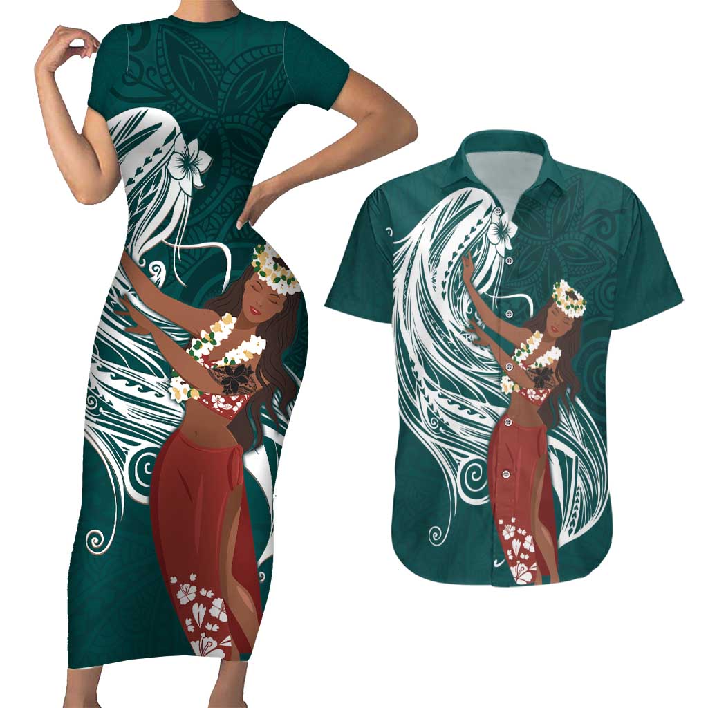 Tahiti Islands Polynesian Plumeria Couples Matching Short Sleeve Bodycon Dress and Hawaiian Shirt Tahitian Vahine 'Ote'a - Teal