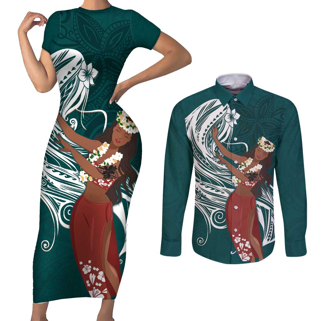 Tahiti Islands Polynesian Plumeria Couples Matching Short Sleeve Bodycon Dress and Long Sleeve Button Shirt Tahitian Vahine 'Ote'a - Teal LT7 Teal - Polynesian Pride
