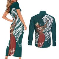 Tahiti Islands Polynesian Plumeria Couples Matching Short Sleeve Bodycon Dress and Long Sleeve Button Shirt Tahitian Vahine 'Ote'a - Teal LT7 - Polynesian Pride