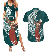 Tahiti Islands Polynesian Plumeria Couples Matching Summer Maxi Dress and Hawaiian Shirt Tahitian Vahine 'Ote'a - Teal LT7 Teal - Polynesian Pride
