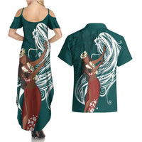 Tahiti Islands Polynesian Plumeria Couples Matching Summer Maxi Dress and Hawaiian Shirt Tahitian Vahine 'Ote'a - Teal LT7 - Polynesian Pride