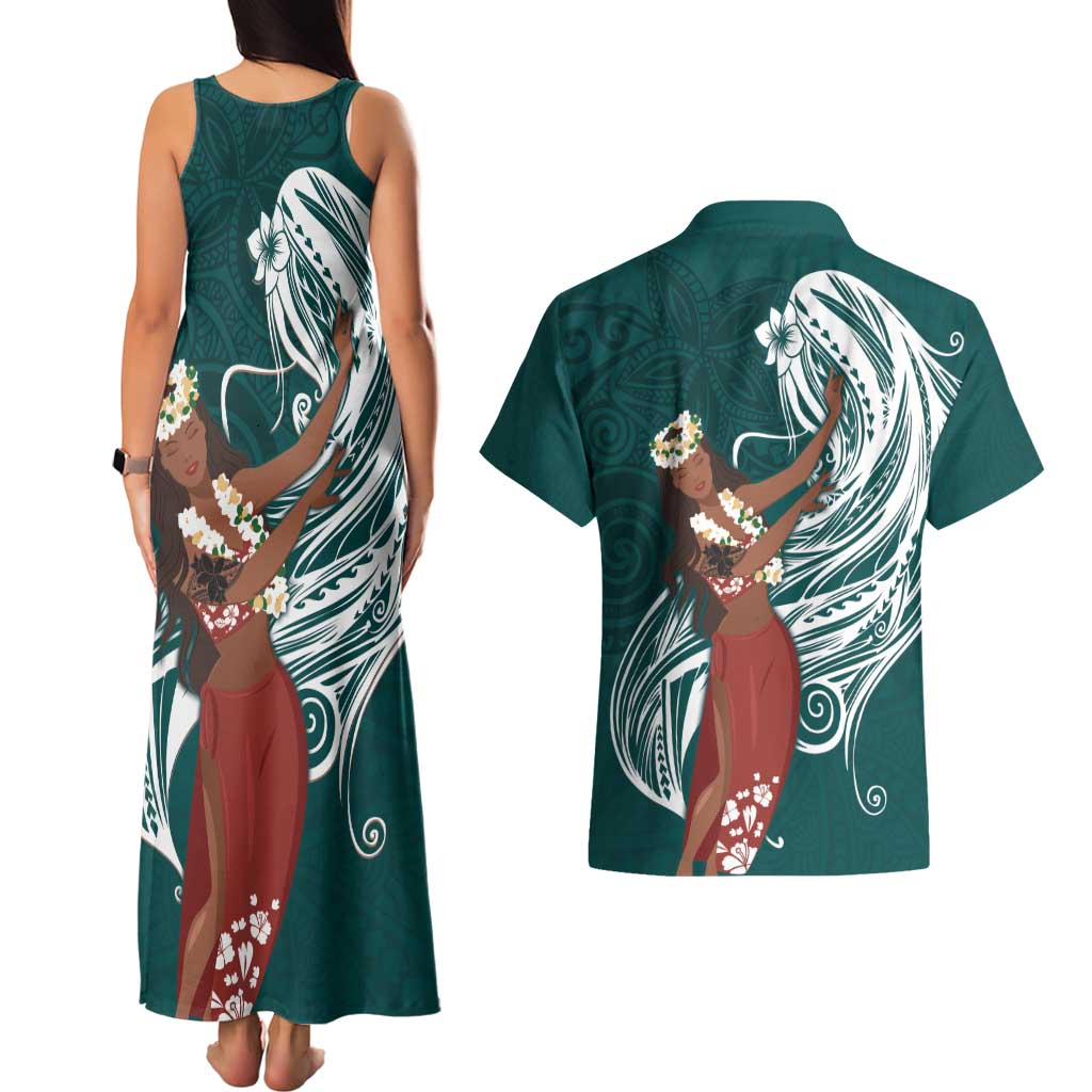 Tahiti Islands Polynesian Plumeria Couples Matching Tank Maxi Dress and Hawaiian Shirt Tahitian Vahine 'Ote'a - Teal LT7 - Polynesian Pride