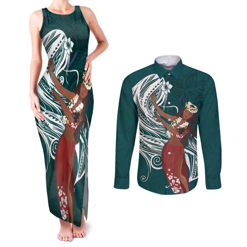 Tahiti Islands Polynesian Plumeria Couples Matching Tank Maxi Dress and Long Sleeve Button Shirt Tahitian Vahine 'Ote'a - Teal LT7 Teal - Polynesian Pride
