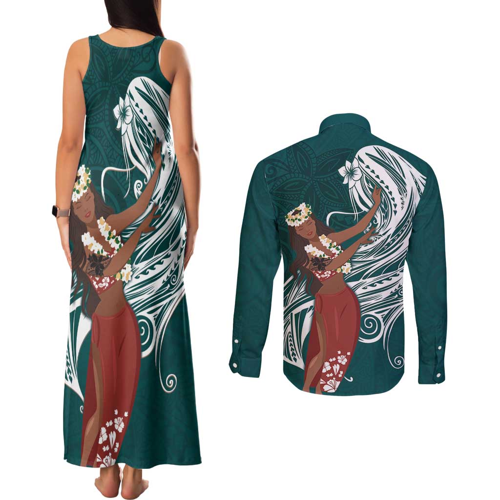 Tahiti Islands Polynesian Plumeria Couples Matching Tank Maxi Dress and Long Sleeve Button Shirt Tahitian Vahine 'Ote'a - Teal LT7 - Polynesian Pride