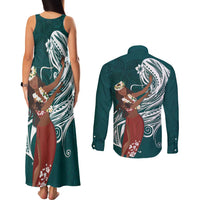 Tahiti Islands Polynesian Plumeria Couples Matching Tank Maxi Dress and Long Sleeve Button Shirt Tahitian Vahine 'Ote'a - Teal LT7 - Polynesian Pride