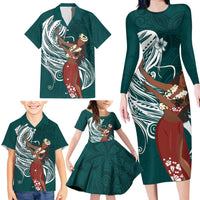 Tahiti Islands Polynesian Plumeria Family Matching Long Sleeve Bodycon Dress and Hawaiian Shirt Tahitian Vahine 'Ote'a - Teal LT7 - Polynesian Pride