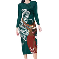 Tahiti Islands Polynesian Plumeria Family Matching Long Sleeve Bodycon Dress and Hawaiian Shirt Tahitian Vahine 'Ote'a - Teal LT7 Mom's Dress Teal - Polynesian Pride