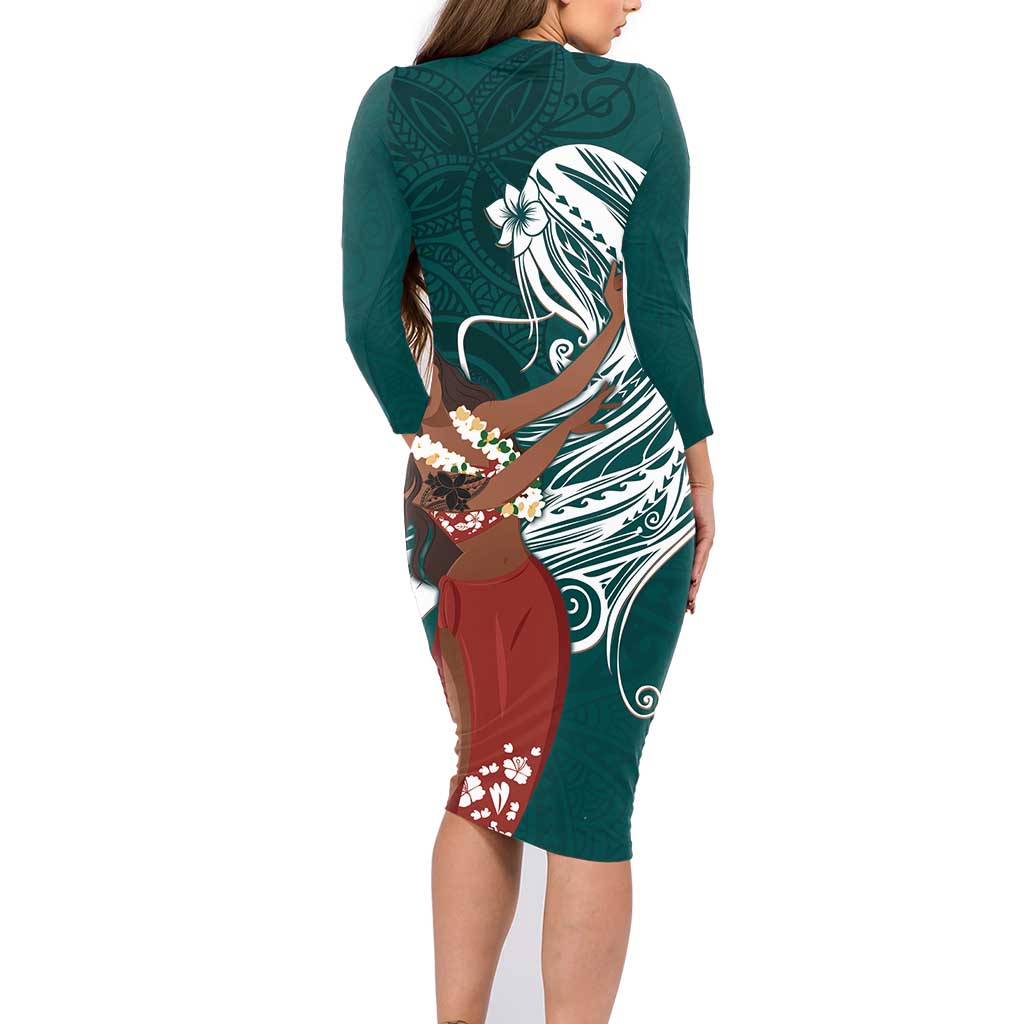 Tahiti Islands Polynesian Plumeria Family Matching Long Sleeve Bodycon Dress and Hawaiian Shirt Tahitian Vahine 'Ote'a - Teal LT7 - Polynesian Pride