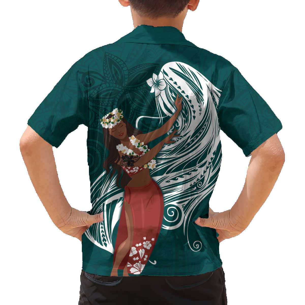 Tahiti Islands Polynesian Plumeria Family Matching Off The Shoulder Long Sleeve Dress and Hawaiian Shirt Tahitian Vahine 'Ote'a - Teal