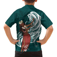 Tahiti Islands Polynesian Plumeria Family Matching Off The Shoulder Long Sleeve Dress and Hawaiian Shirt Tahitian Vahine 'Ote'a - Teal