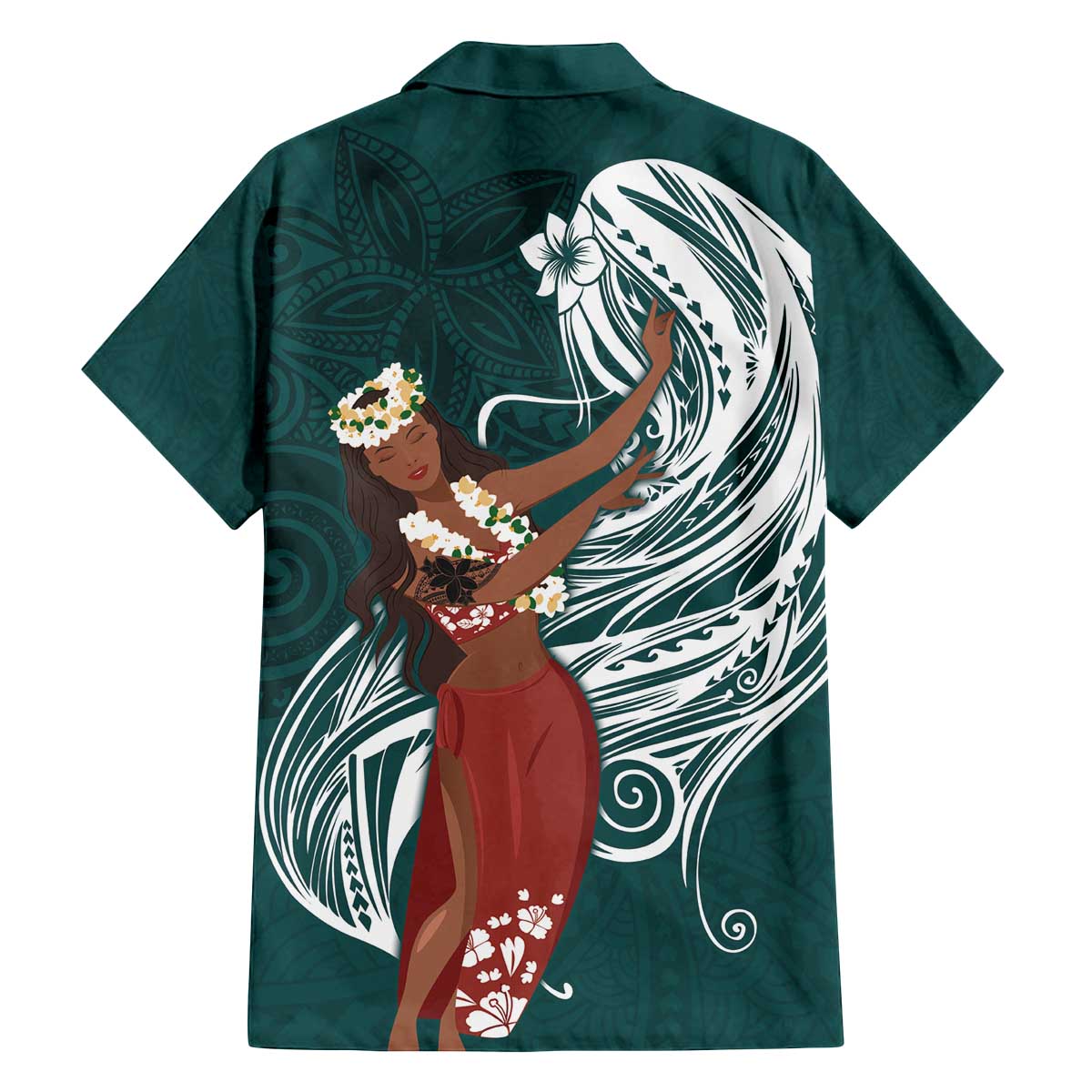 Tahiti Islands Polynesian Plumeria Family Matching Off The Shoulder Long Sleeve Dress and Hawaiian Shirt Tahitian Vahine 'Ote'a - Teal