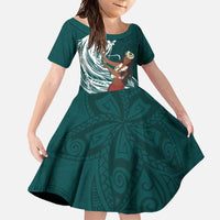 Tahiti Islands Polynesian Plumeria Family Matching Off Shoulder Maxi Dress and Hawaiian Shirt Tahitian Vahine 'Ote'a - Teal LT7 Daughter's Dress Teal - Polynesian Pride