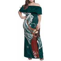 Tahiti Islands Polynesian Plumeria Family Matching Off Shoulder Maxi Dress and Hawaiian Shirt Tahitian Vahine 'Ote'a - Teal LT7 Mom's Dress Teal - Polynesian Pride